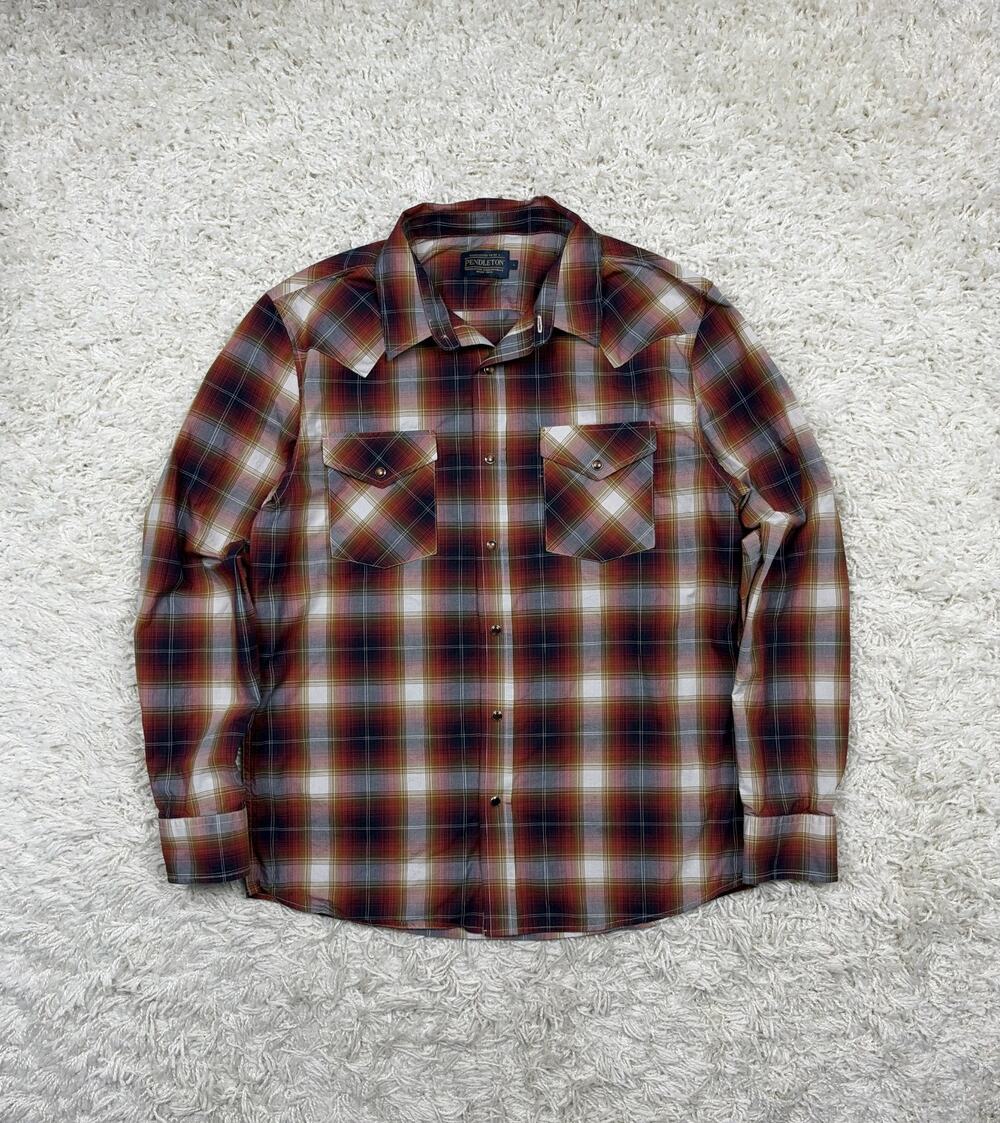 Pendleton Pearl Snap Western Shirt Mens L Pima Cotton Red Ombre Plaid Cowboy